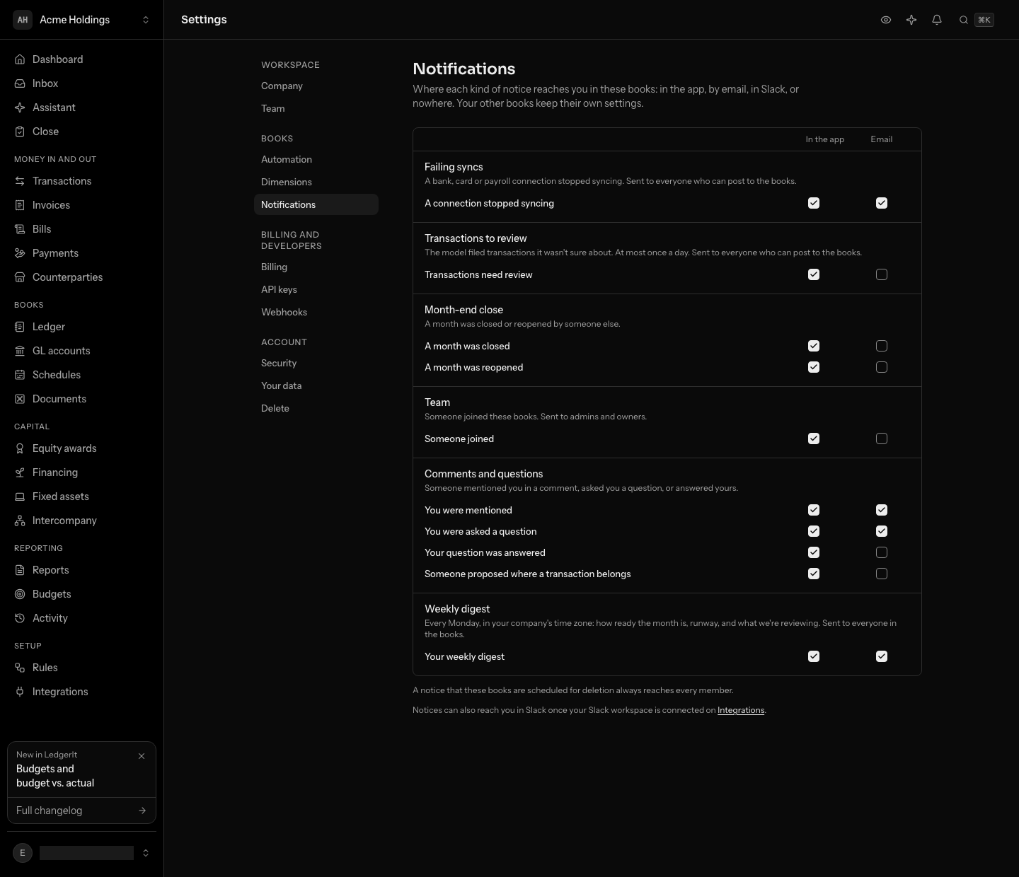 The notification settings with the Weekly digest group at the bottom, its one kind, Your weekly digest, ticked for the app and email