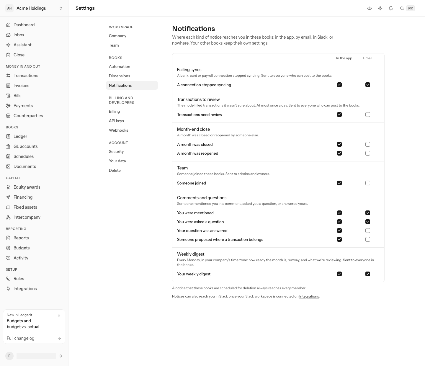 The notification settings with the Weekly digest group at the bottom, its one kind, Your weekly digest, ticked for the app and email