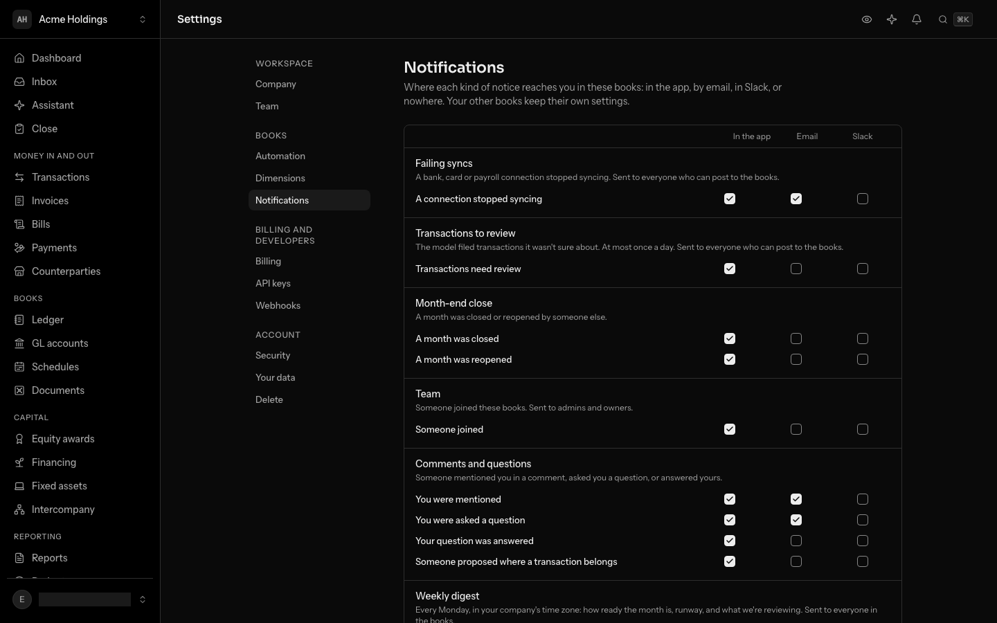 The notification settings, with a box per kind for the app, email and Slack