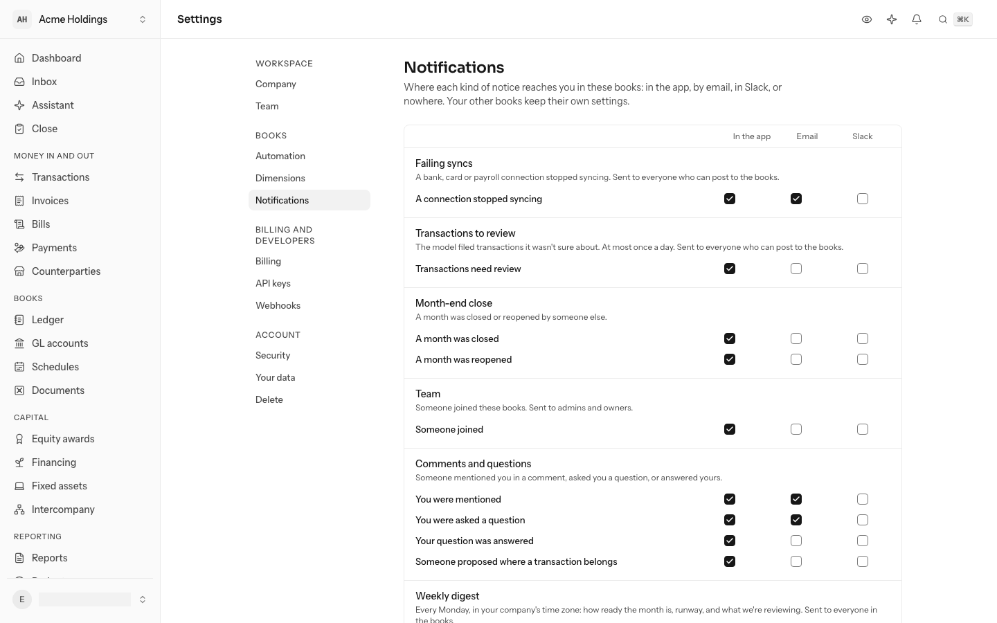 The notification settings, with a box per kind for the app, email and Slack