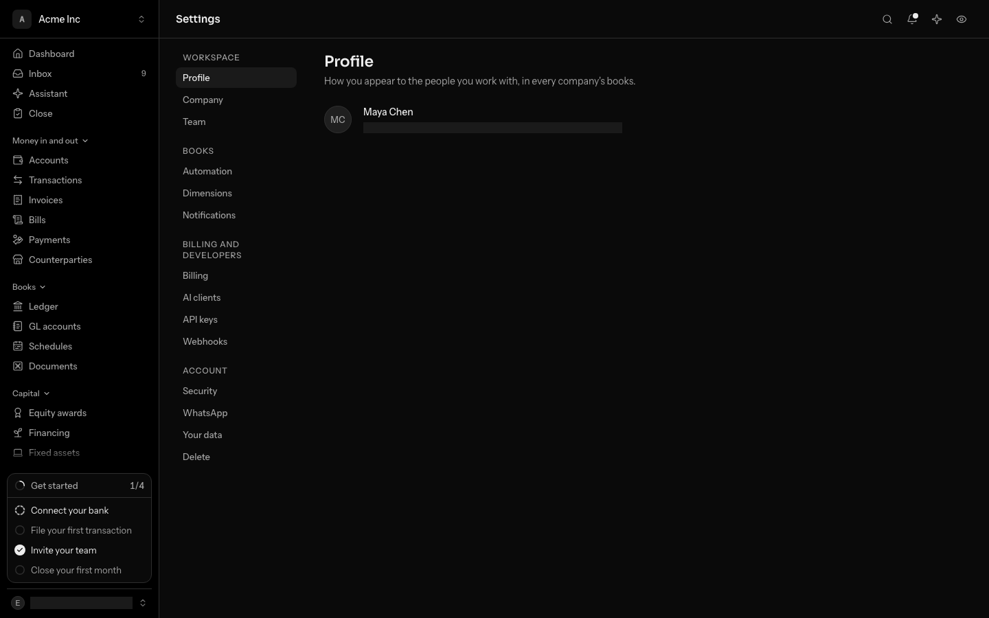 Settings, under Profile: the round picture, the name Maya Chen, and the sign-in email in grey under it