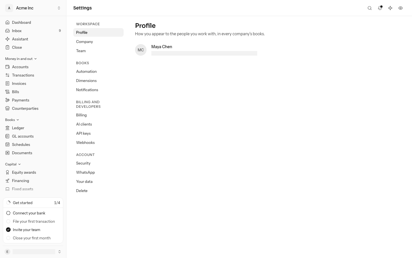 Settings, under Profile: the round picture, the name Maya Chen, and the sign-in email in grey under it
