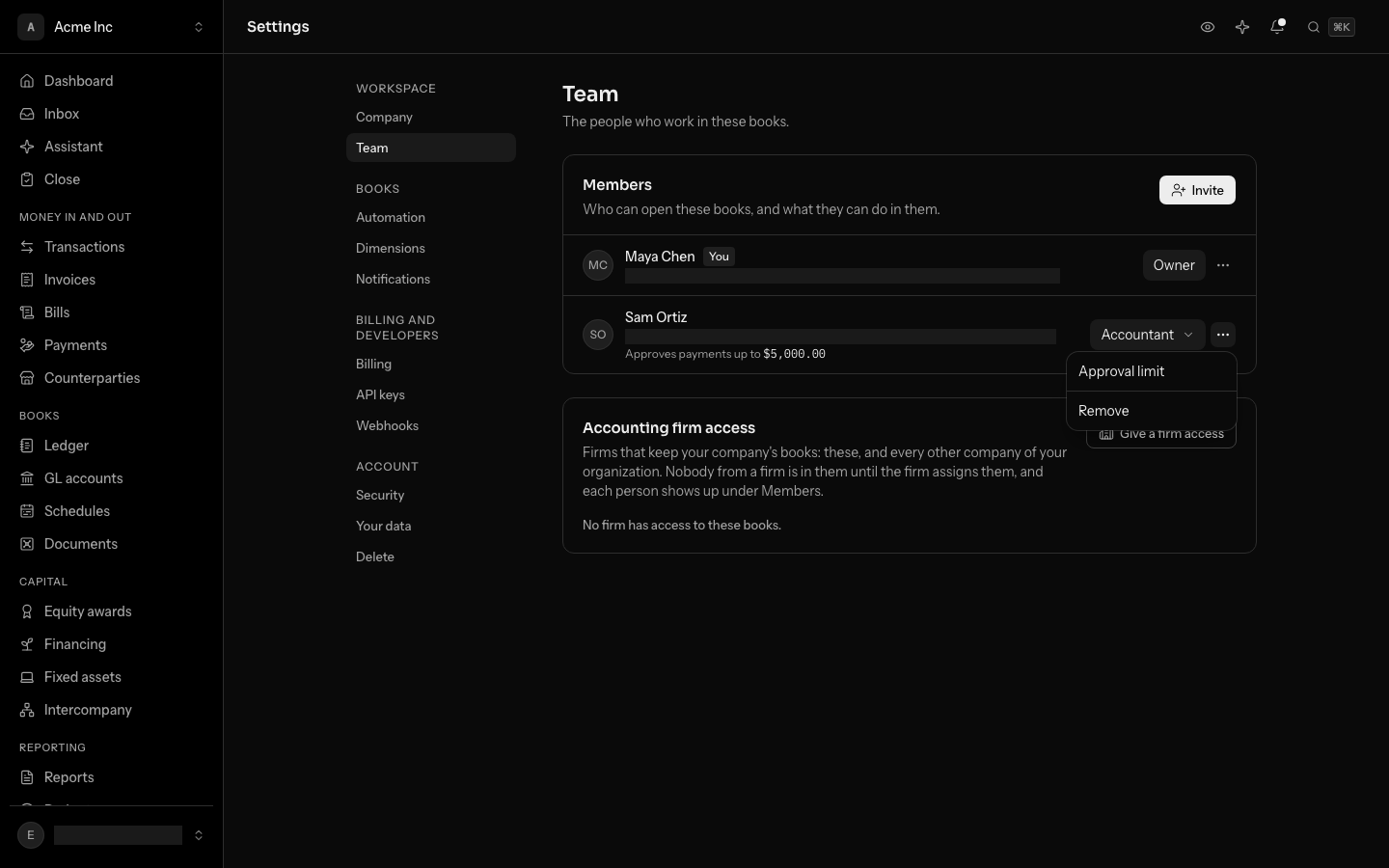 Settings, the Team page: Sam Ortiz, an accountant, with Approves payments up to $5,000.00 under their name, and the menu at the end of their row open on Approval limit and Remove