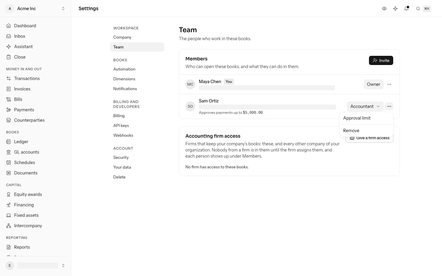 Settings, the Team page: Sam Ortiz, an accountant, with Approves payments up to $5,000.00 under their name, and the menu at the end of their row open on Approval limit and Remove