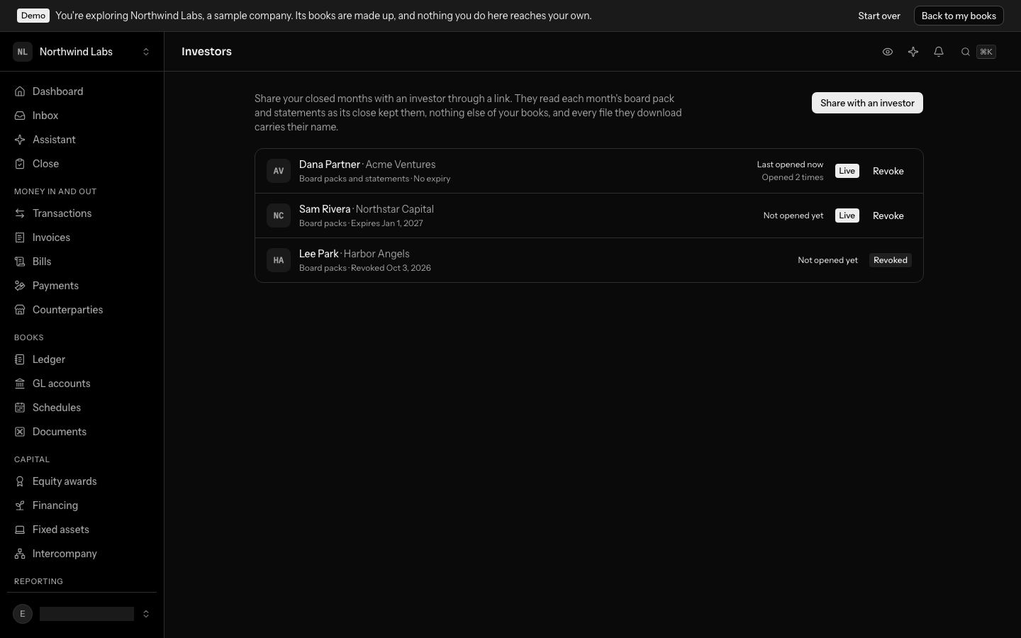 The Investors screen: a link for Dana Partner of Acme Ventures showing board packs and statements, opened twice, last opened a minute ago, and a revoked link beneath it