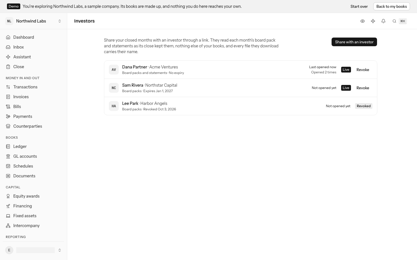 The Investors screen: a link for Dana Partner of Acme Ventures showing board packs and statements, opened twice, last opened a minute ago, and a revoked link beneath it