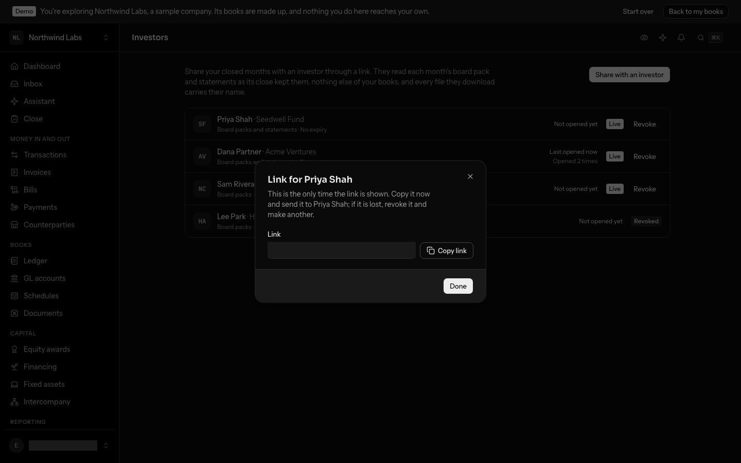 The link just made for Dana Partner, with Copy link beside it and the warning that this is the only time it is shown