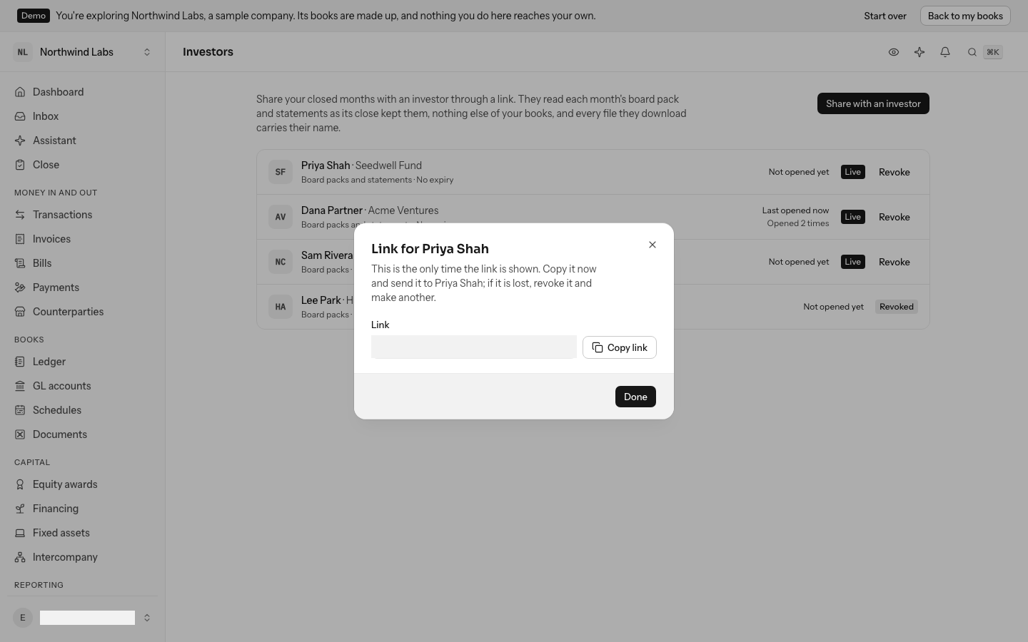 The link just made for Dana Partner, with Copy link beside it and the warning that this is the only time it is shown