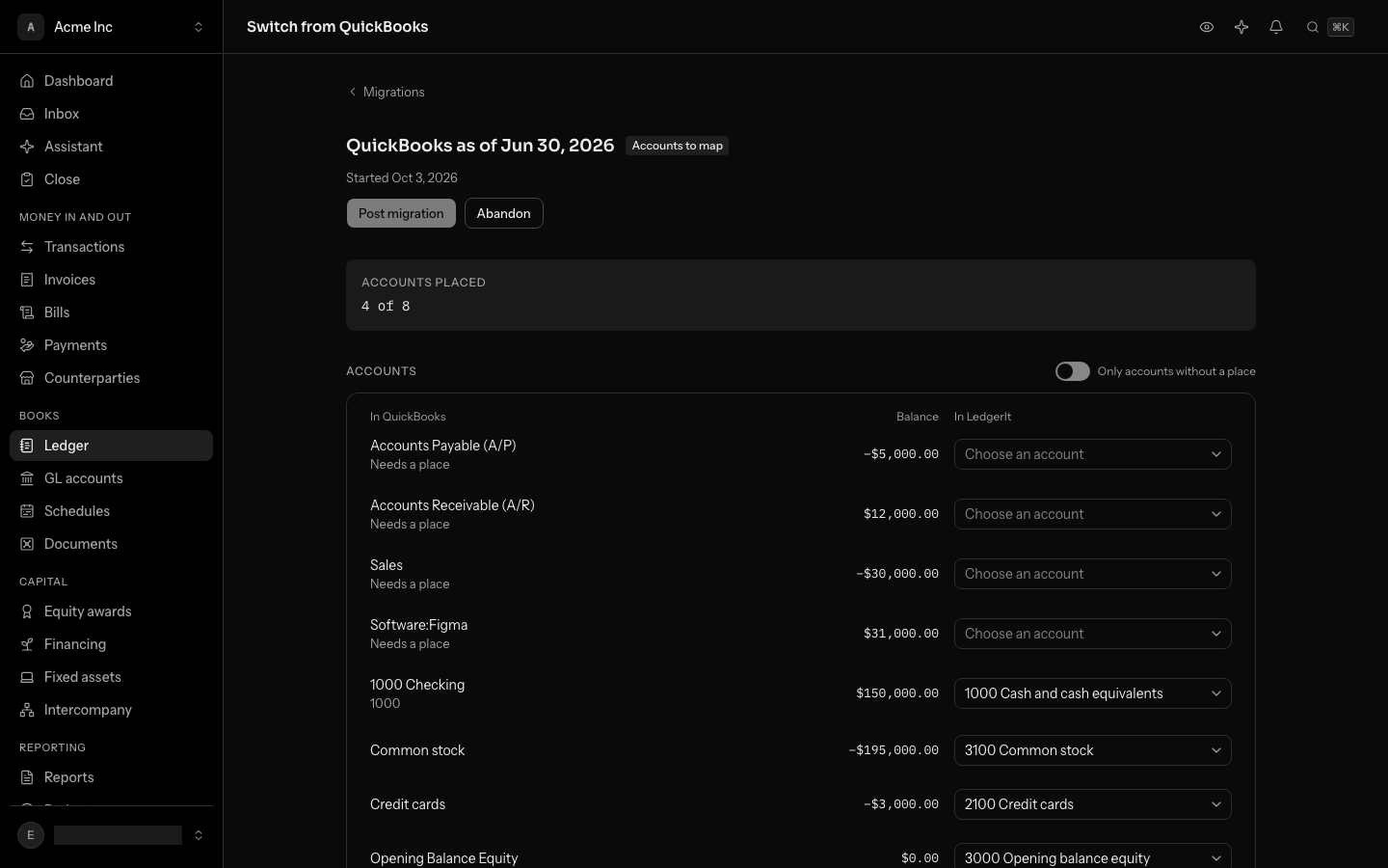 A draft migration with 4 of 8 accounts placed: Accounts Payable, Accounts Receivable, Sales and Software:Figma marked Needs a place with Choose an account beside each, and the matched accounts under them