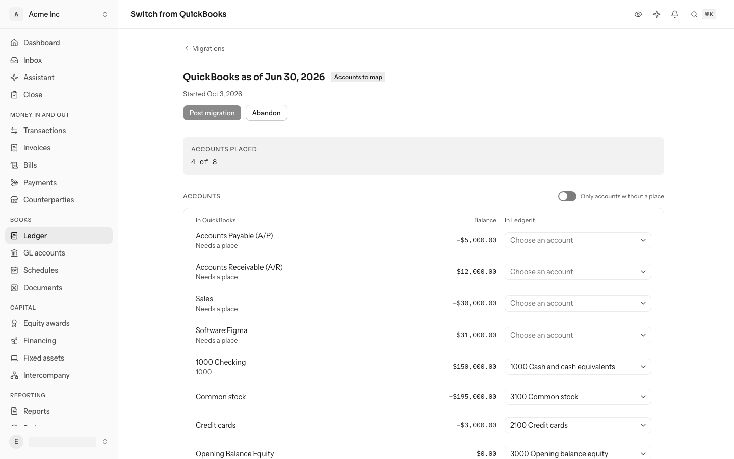 A draft migration with 4 of 8 accounts placed: Accounts Payable, Accounts Receivable, Sales and Software:Figma marked Needs a place with Choose an account beside each, and the matched accounts under them