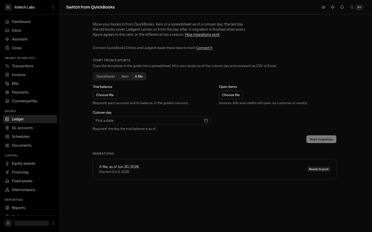The migrations page with A file chosen: the trial balance, the open items and a required cutover day