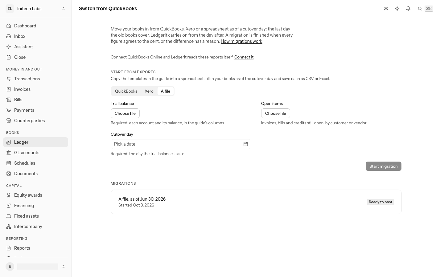 The migrations page with A file chosen: the trial balance, the open items and a required cutover day