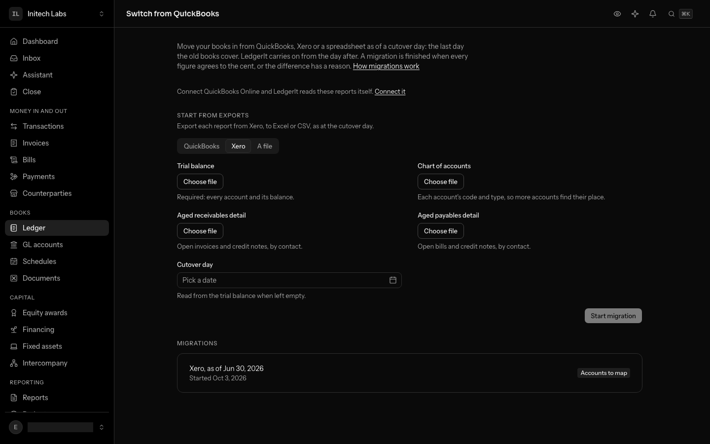 The migrations page, with Xero chosen under Start from exports
