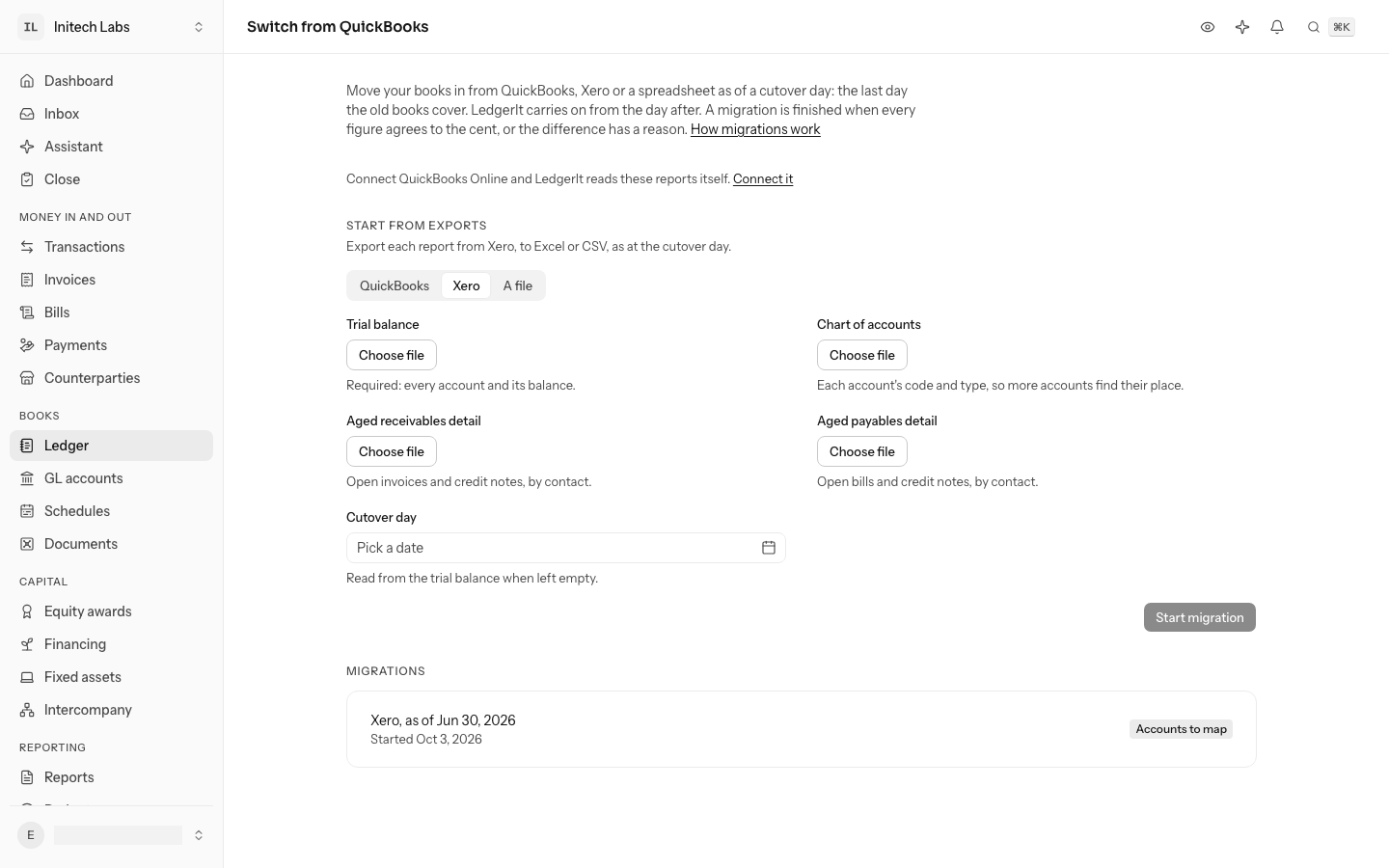 The migrations page, with Xero chosen under Start from exports