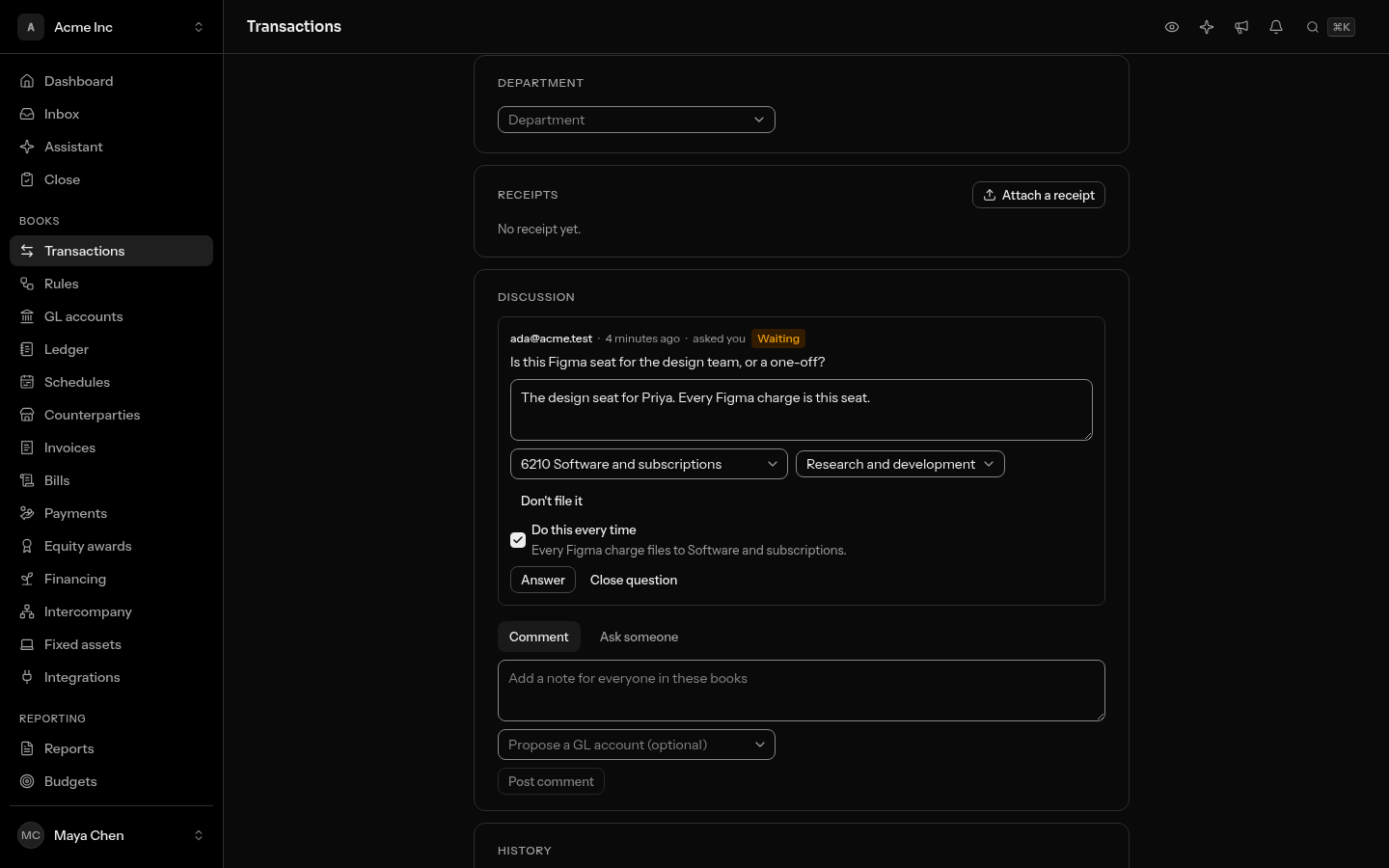 A question about a Figma charge being answered: the answer reads "The design seat for Priya", the account picker shows 6210 Software and subscriptions, the department is Research and development, and Do this every time is ticked with the line "Every Figma charge files to Software and subscriptions."