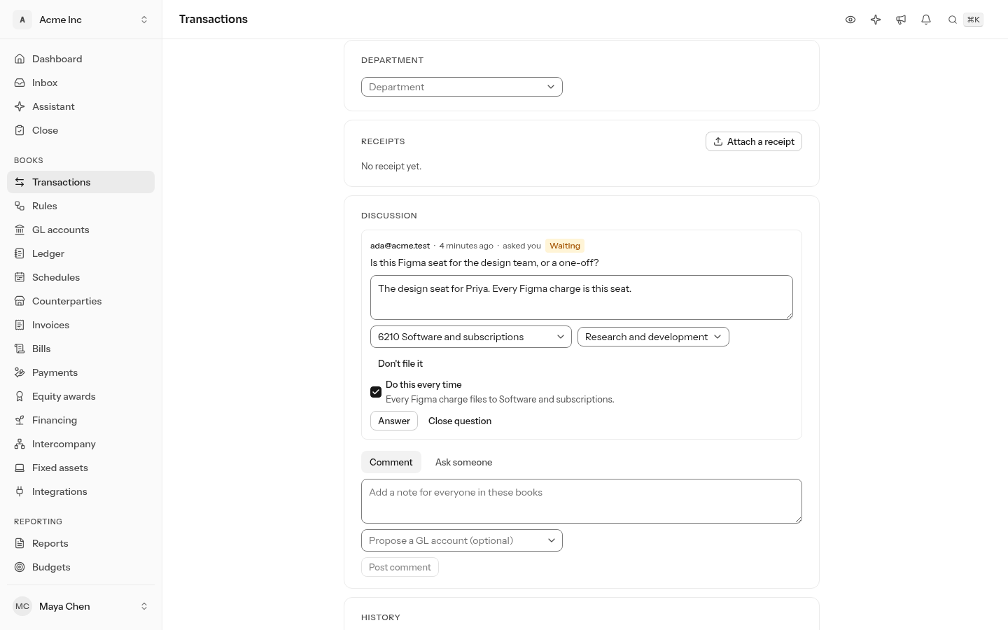 A question about a Figma charge being answered: the answer reads "The design seat for Priya", the account picker shows 6210 Software and subscriptions, the department is Research and development, and Do this every time is ticked with the line "Every Figma charge files to Software and subscriptions."