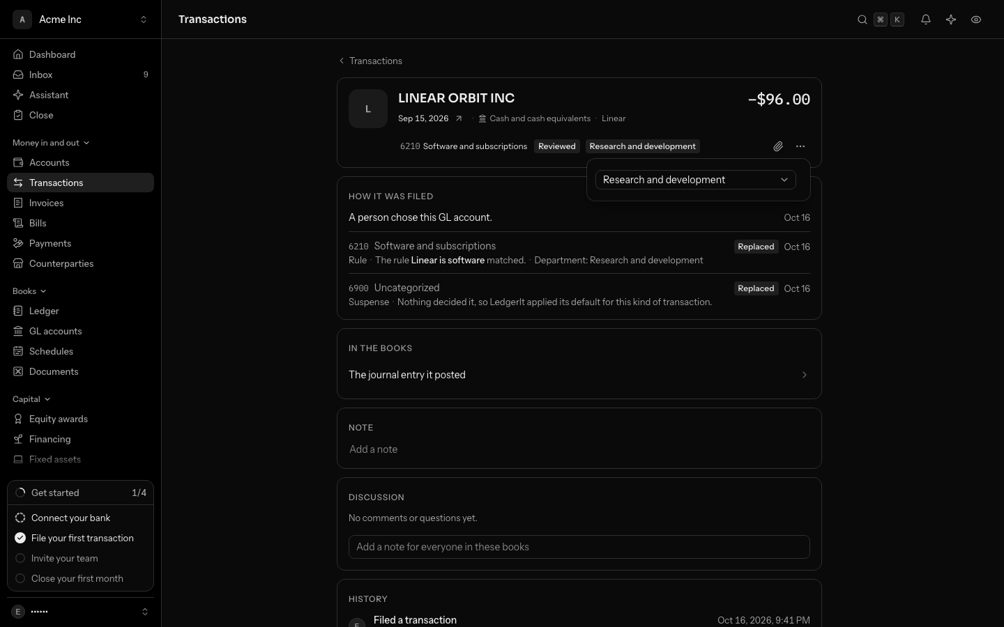 A Linear charge with Department chosen from the ⋯ menu beside its GL account, showing the Department picker set to Research and development