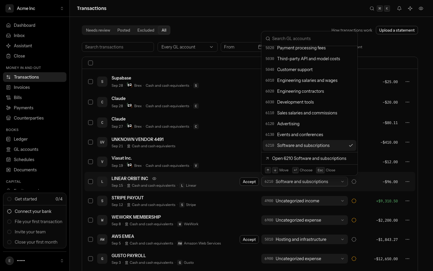 The transactions list with a Linear charge's GL account picker open on 6210 Software and subscriptions, Open 6210 Software and subscriptions at the bottom of the list, and the keys to move, choose and close under it