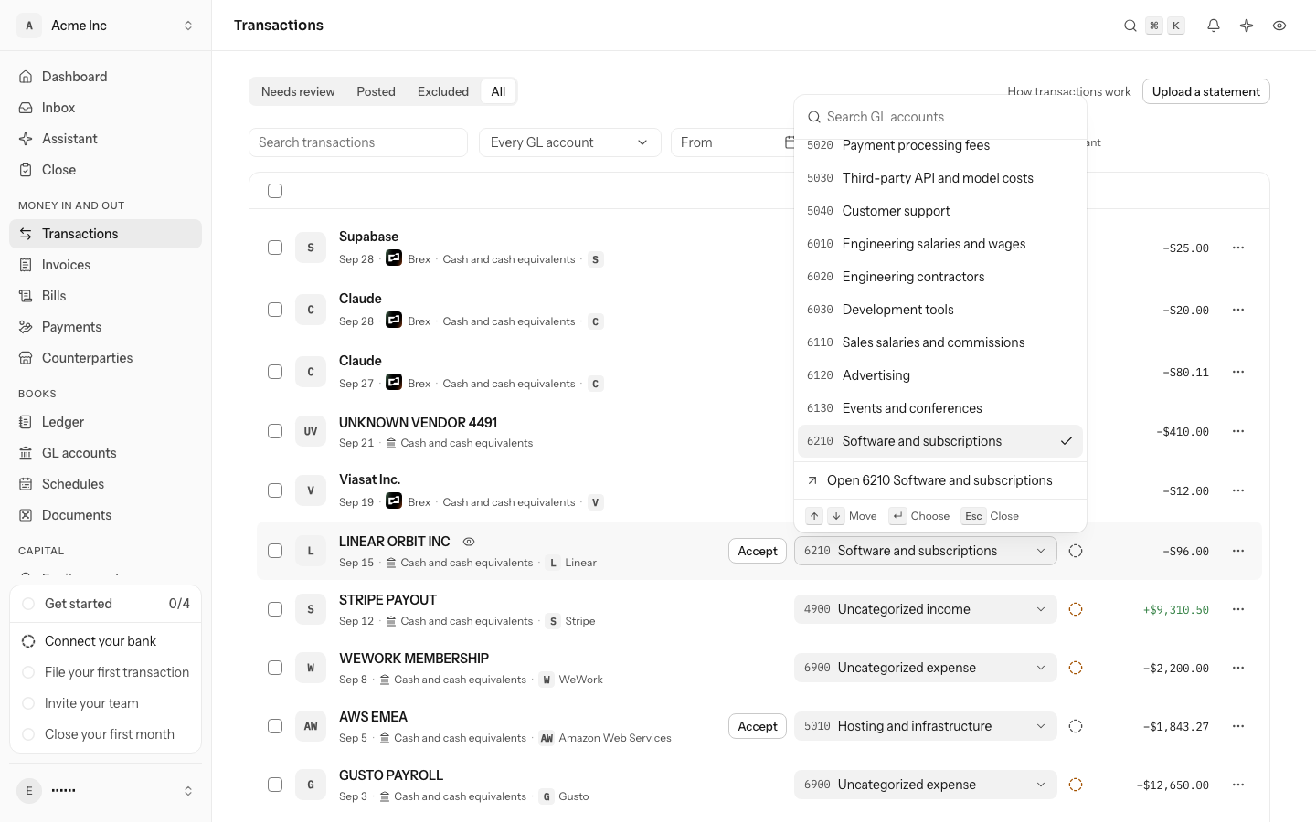 The transactions list with a Linear charge's GL account picker open on 6210 Software and subscriptions, Open 6210 Software and subscriptions at the bottom of the list, and the keys to move, choose and close under it