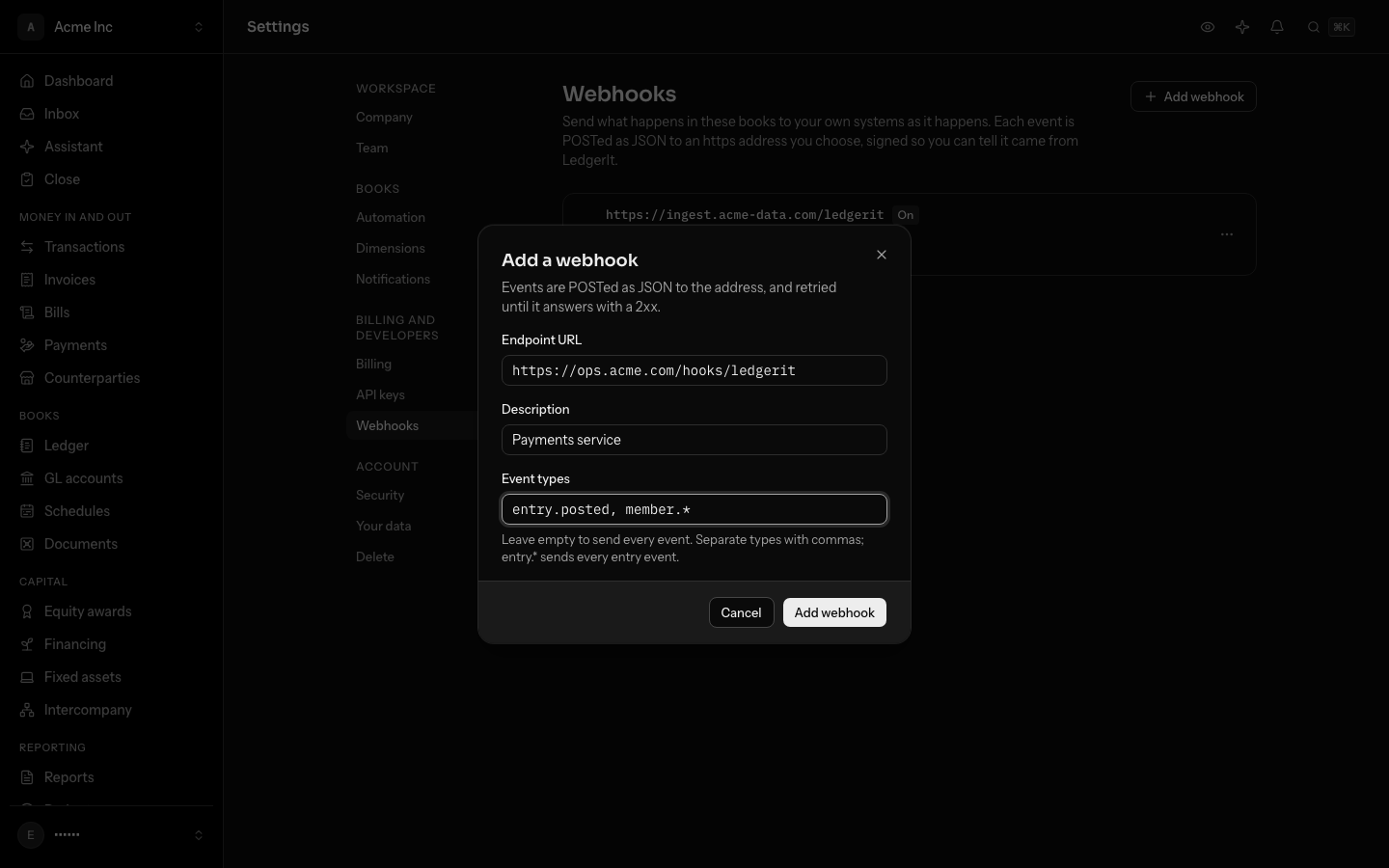 The Add a webhook dialog: Endpoint URL, Description and Event types, with entry.posted and member.* typed in