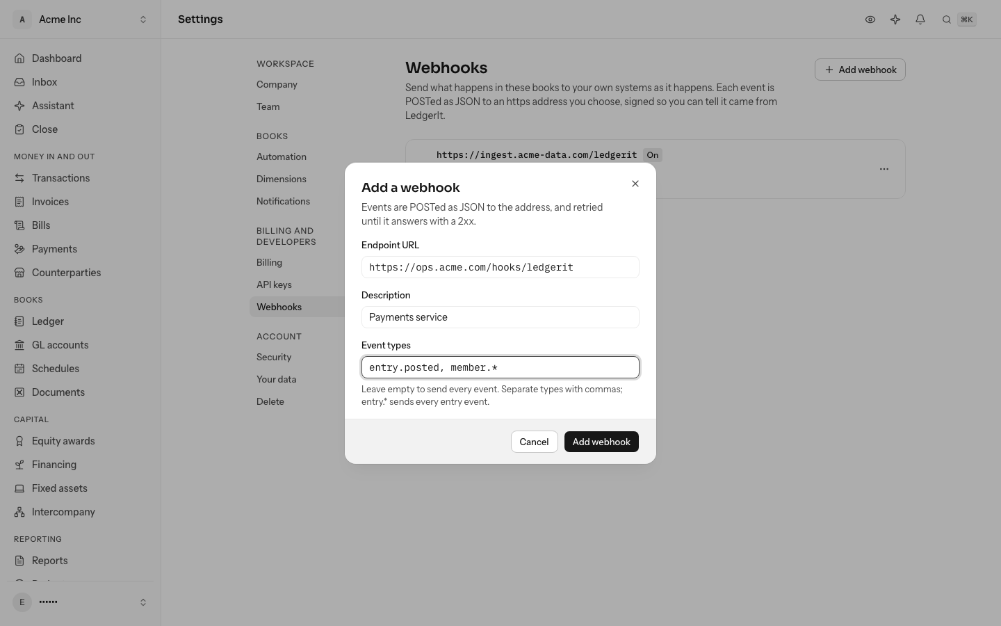 The Add a webhook dialog: Endpoint URL, Description and Event types, with entry.posted and member.* typed in