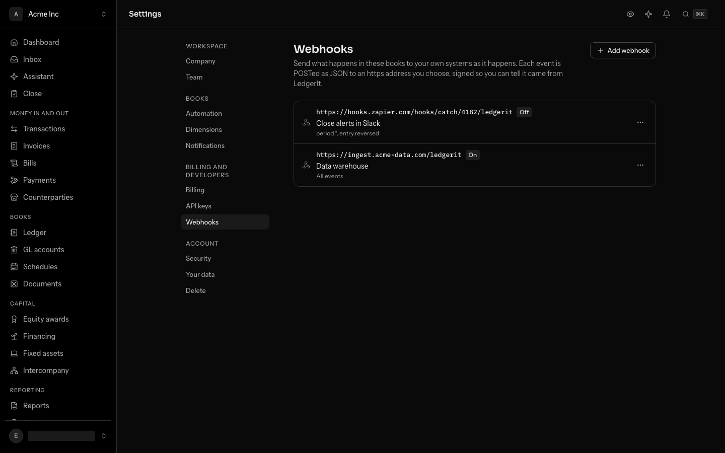 Settings, the Webhooks page: two addresses, one switched off for period.* and entry.reversed and one on with every event, each with its menu at the end of its row