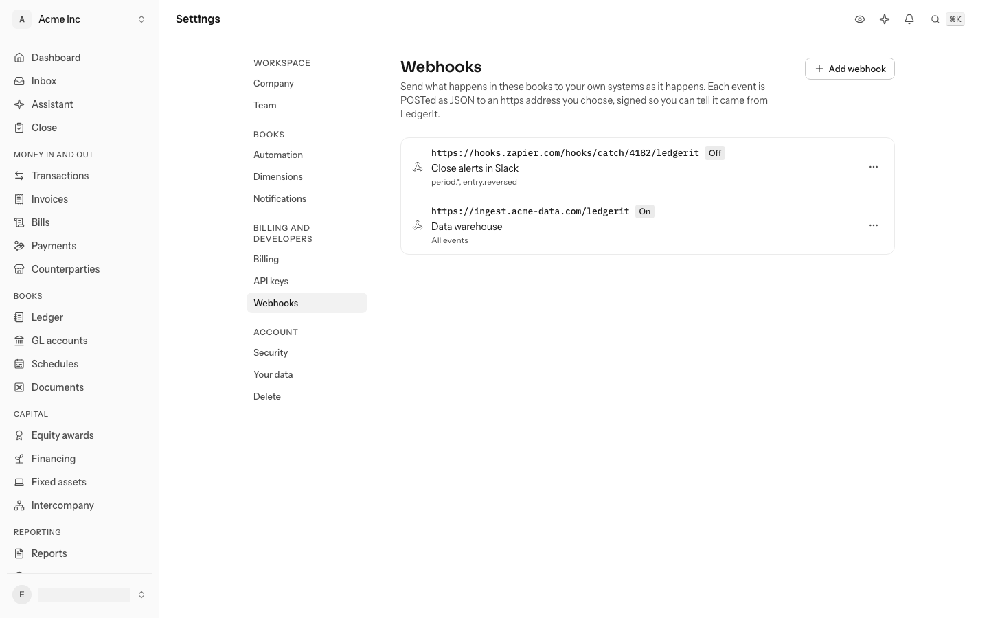 Settings, the Webhooks page: two addresses, one switched off for period.* and entry.reversed and one on with every event, each with its menu at the end of its row