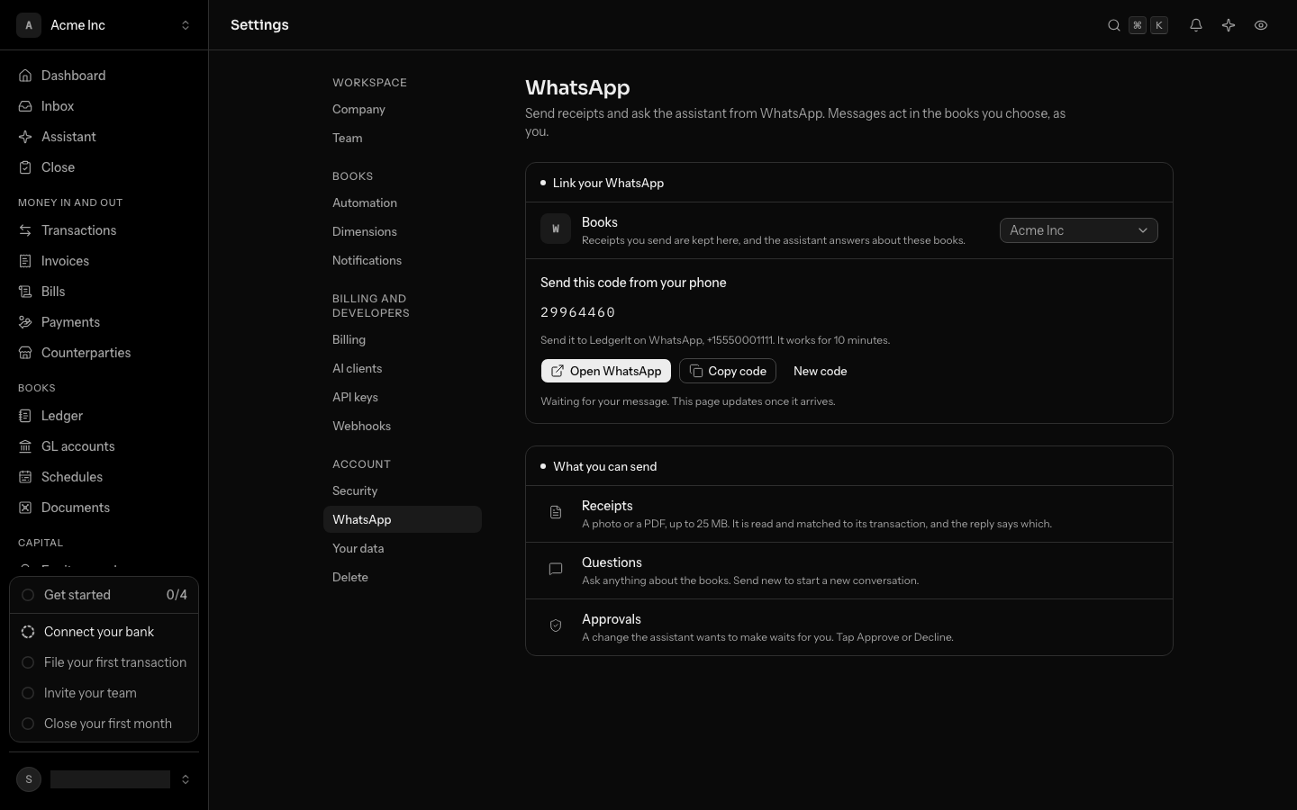 Settings, under WhatsApp: the 8-digit code to send, with Open WhatsApp, Copy code and New code