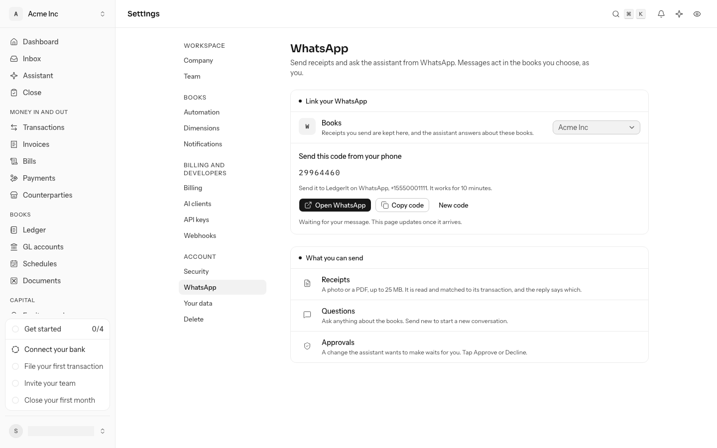 Settings, under WhatsApp: the 8-digit code to send, with Open WhatsApp, Copy code and New code