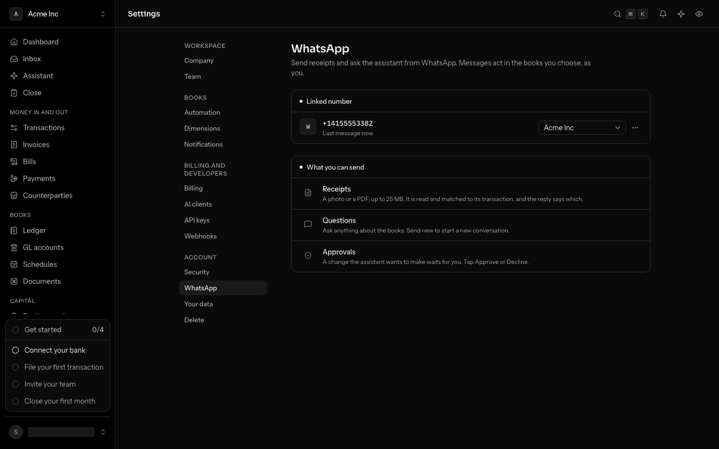 Settings, under WhatsApp: the linked number with the books its messages act in, and what you can send: receipts, questions and approvals