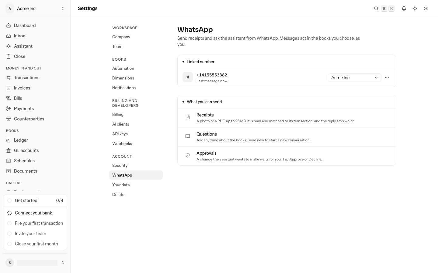 Settings, under WhatsApp: the linked number with the books its messages act in, and what you can send: receipts, questions and approvals